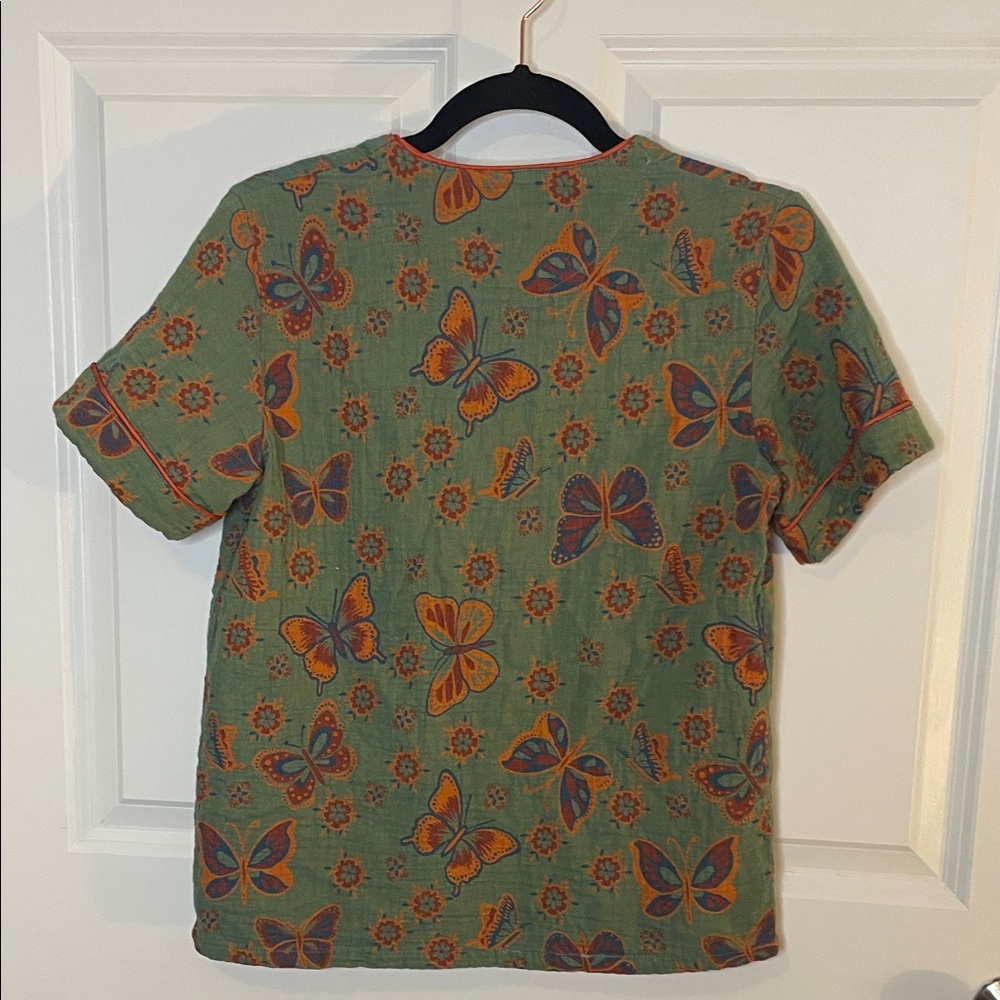 Boho Butterfly Print Cotton Blouse M Artisan Button Front Green Orange - Picture 9 of 10